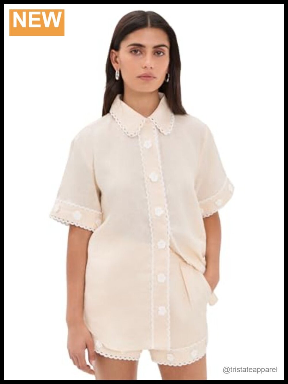 Linen Floral Button Down Shirt Blouse with Crochet Trim